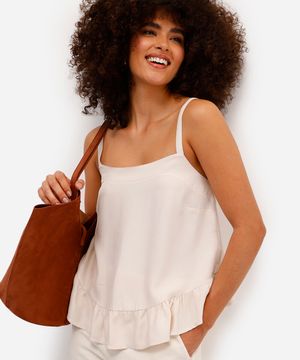 blusa feminina de viscose alça fina com babado bege