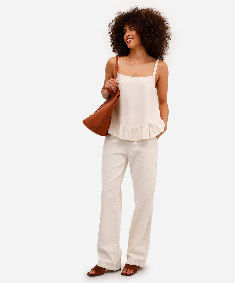 blusa feminina de viscose alça fina com babado bege