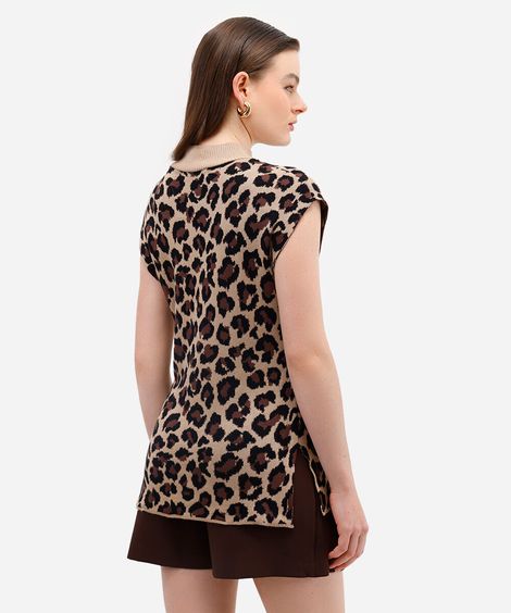 blusa feminina de tricot gola alta animal print bege