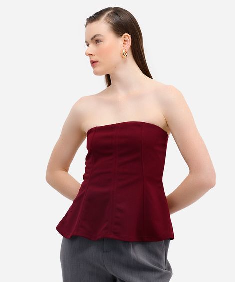 blusa peplum feminina sem alça texturizada vinho