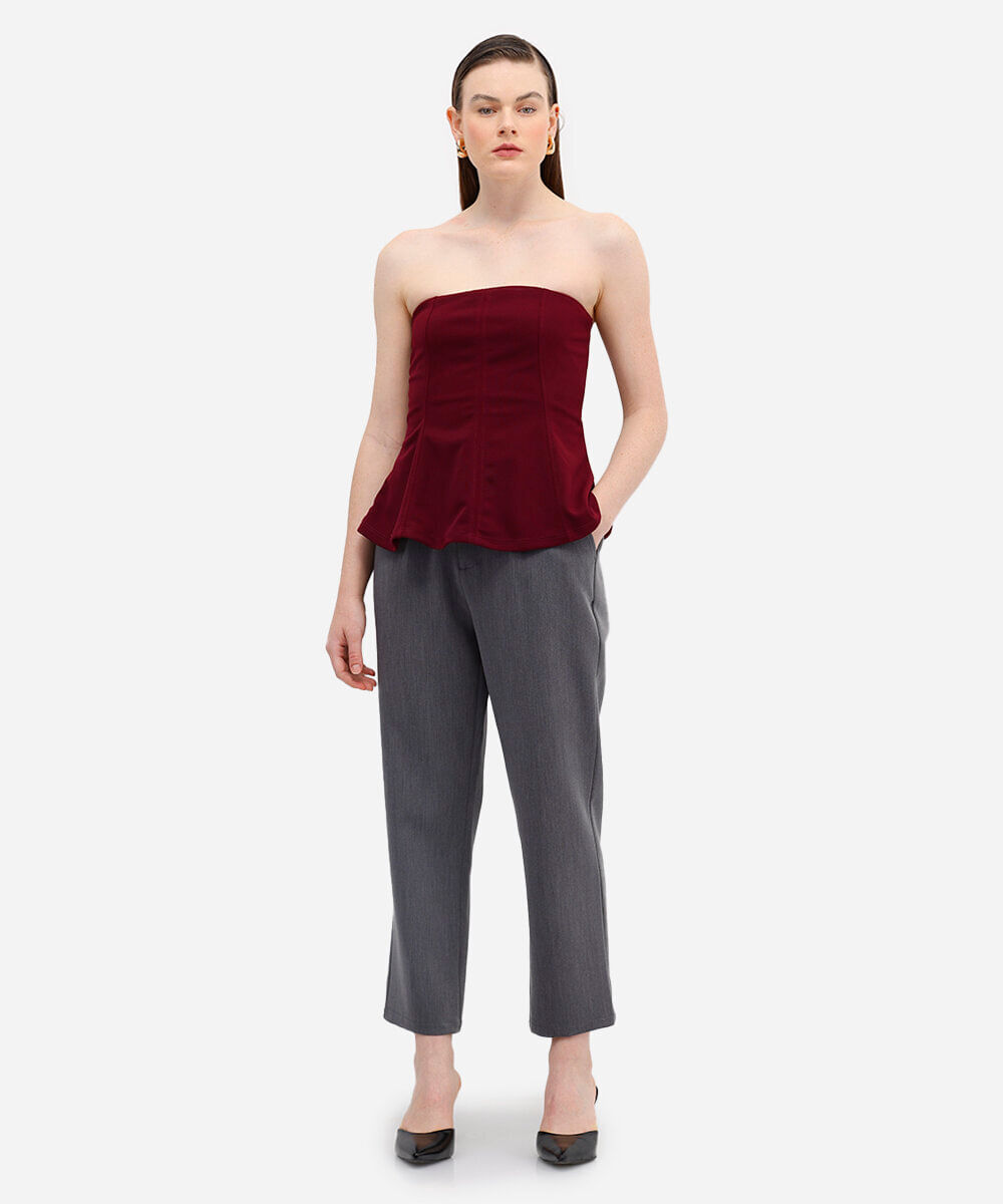 blusa peplum feminina sem alça texturizada vinho