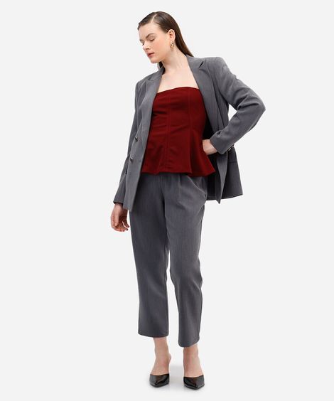 calça feminina de alfaiataria com cinto cinza