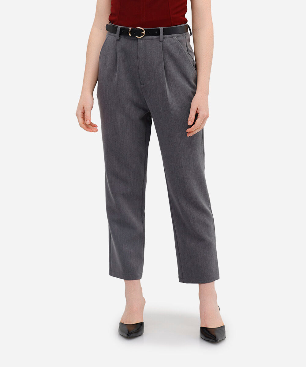 calça feminina de alfaiataria com cinto cinza