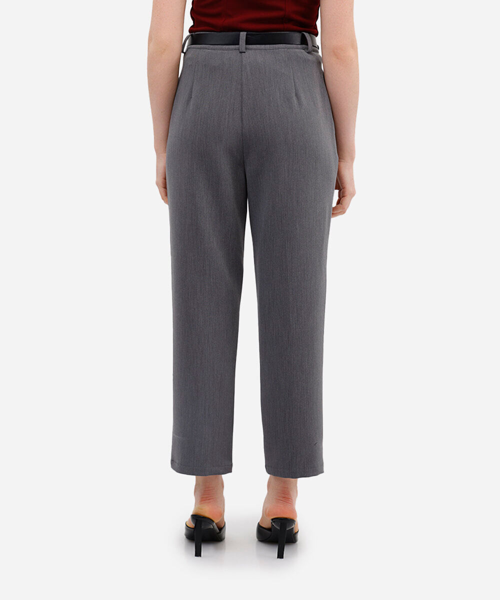 calça feminina de alfaiataria com cinto cinza