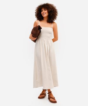 vestido longo feminino alça fina com linho franzido bege