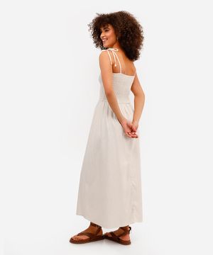 vestido longo feminino alça fina com linho franzido bege