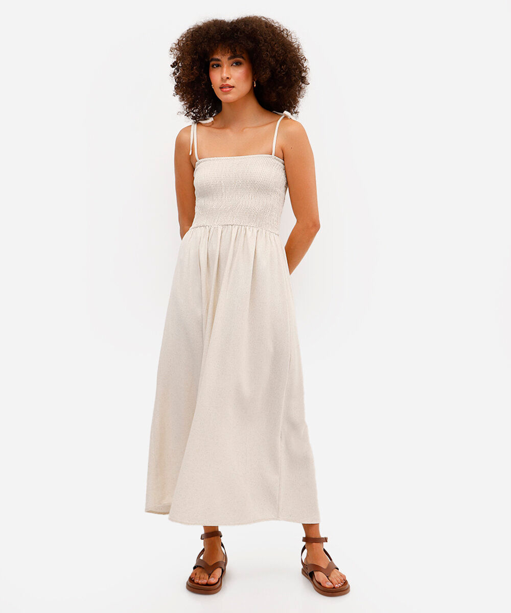 vestido longo feminino alça fina com linho franzido bege