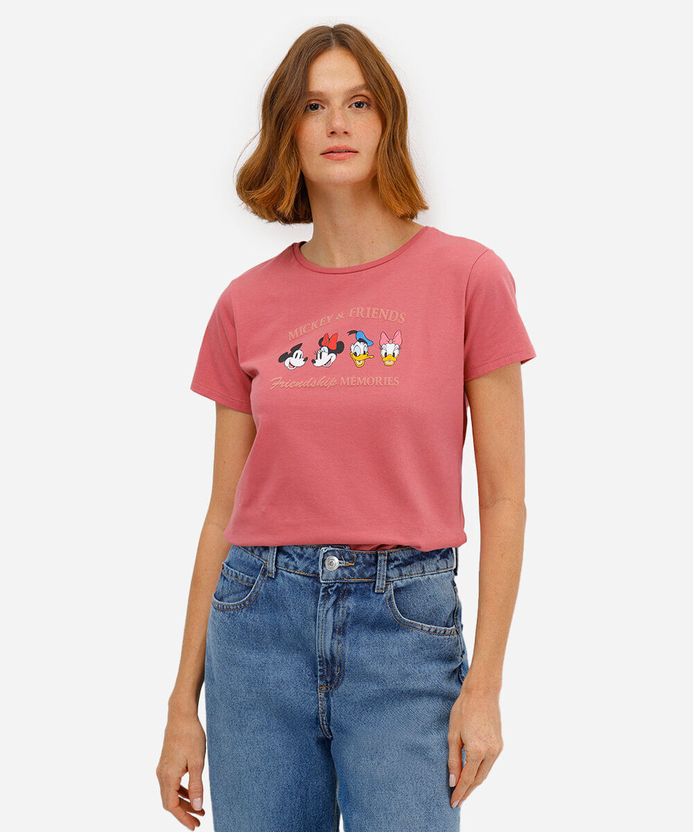 camiseta feminina de algodão mickey rosa
