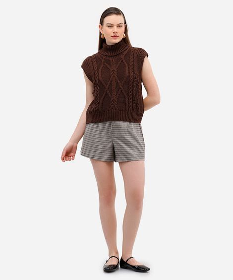 short de alfaiataria feminino xadrez bege