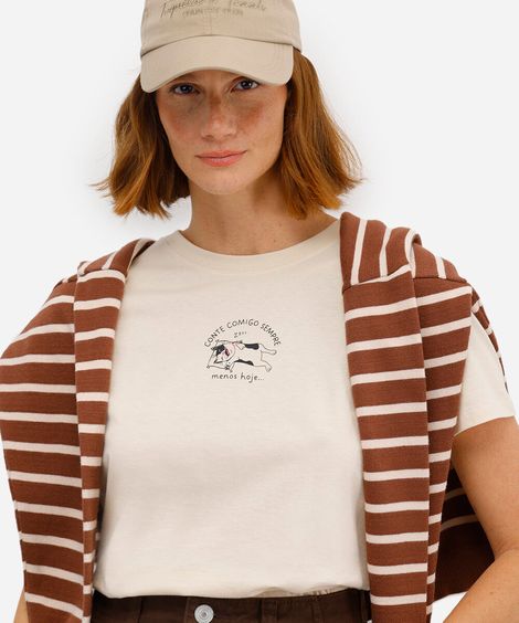 camiseta feminina de algodão estampada bege