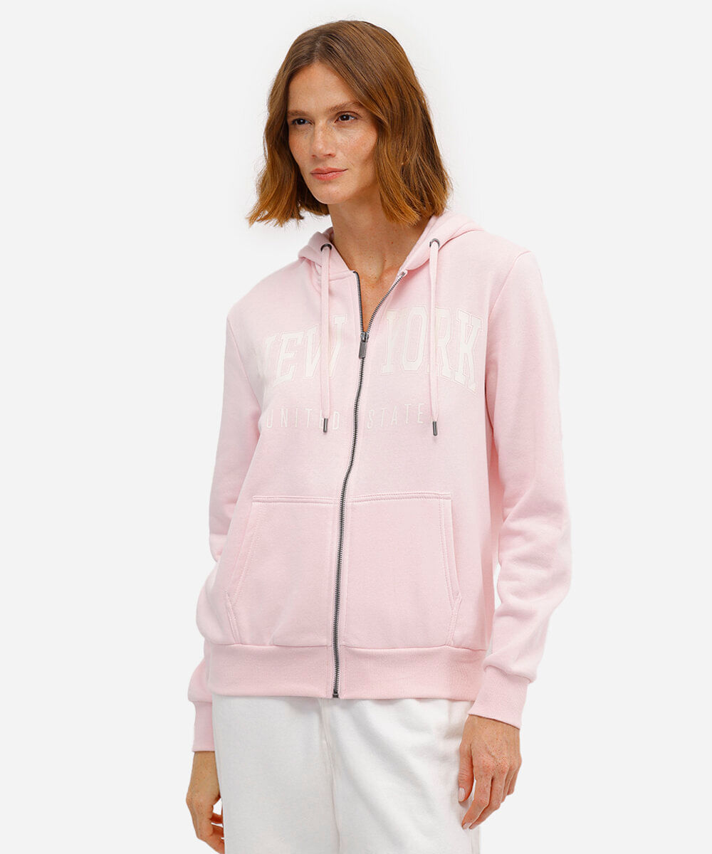 blusão feminino  de moletom new york rosa