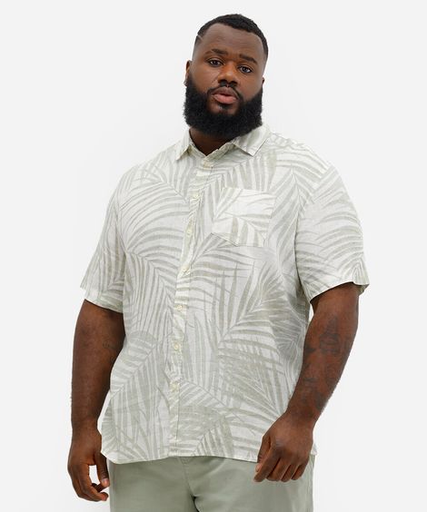 camisa comfort de linho folhagem plus size off white