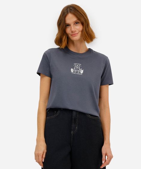camiseta feminina de algodão estampada cinza