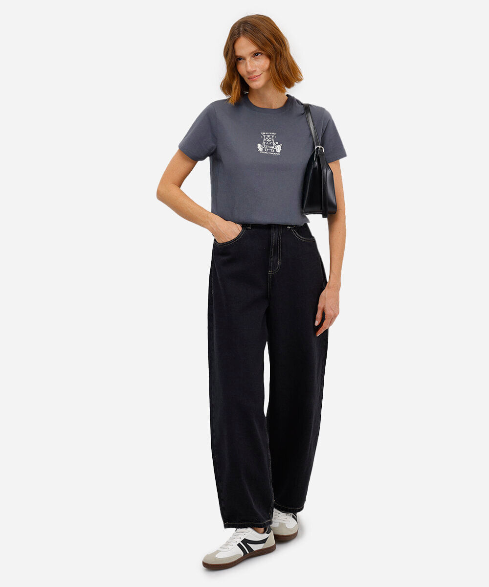 camiseta feminina de algodão estampada cinza