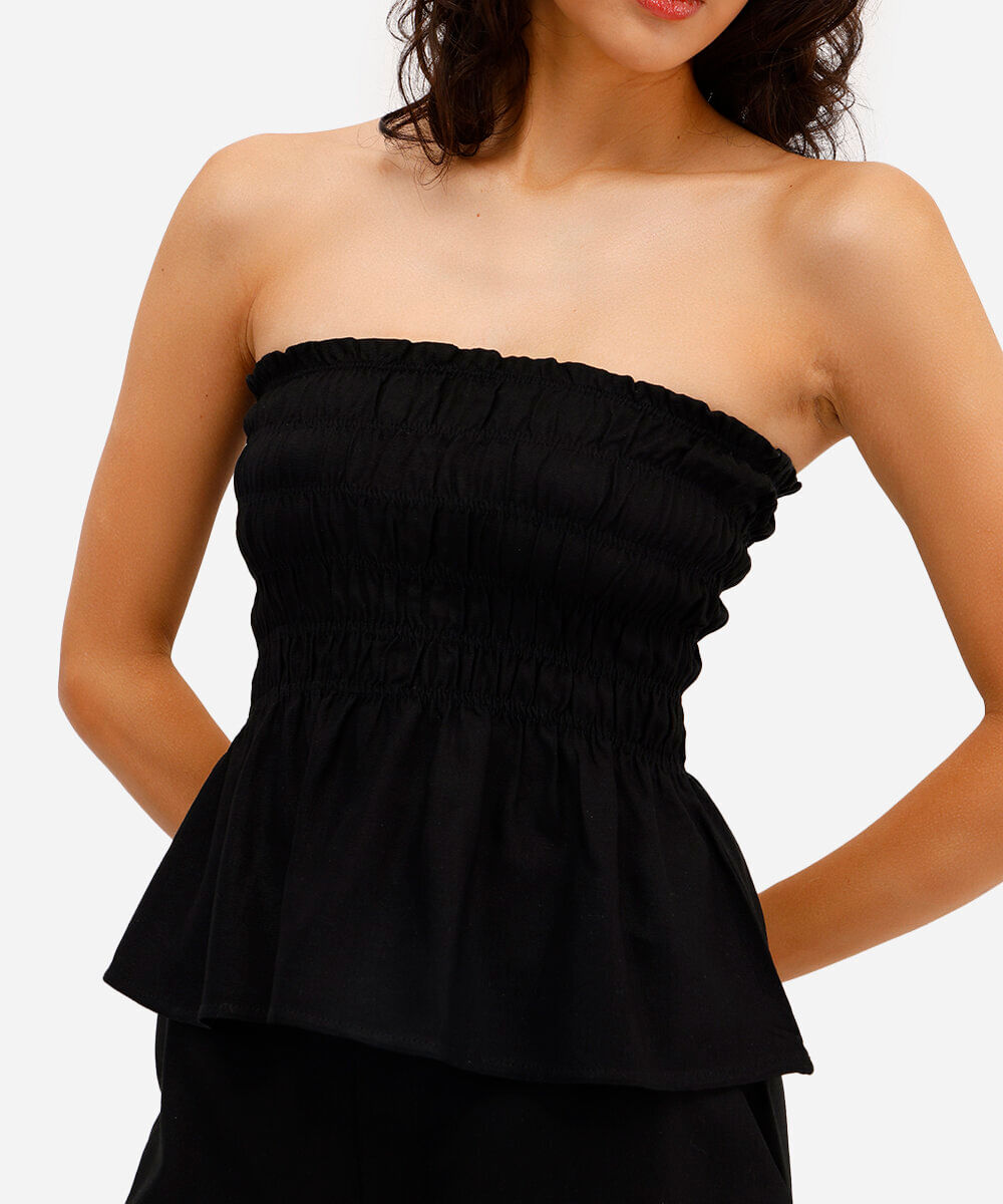 blusa sem alça feminina com linho franzida preta