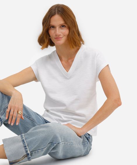 blusa básica feminina de algodão decote v off white