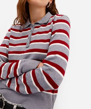 polo feminina de tricot listrada cinza
