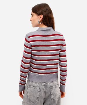 polo feminina de tricot listrada cinza