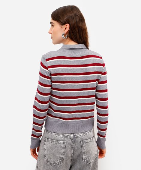 polo feminina de tricot listrada cinza