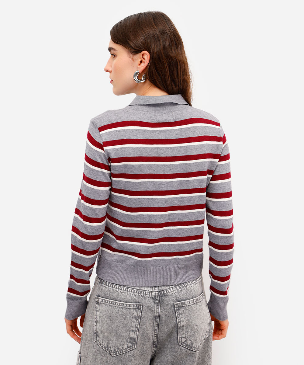 polo feminina de tricot listrada cinza