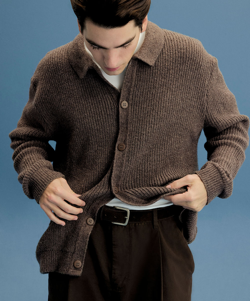 cardigan masculino com gola esporte britânia marrom