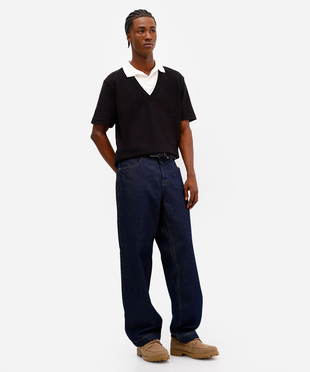 polo masculina de tricot com sobreposição preta