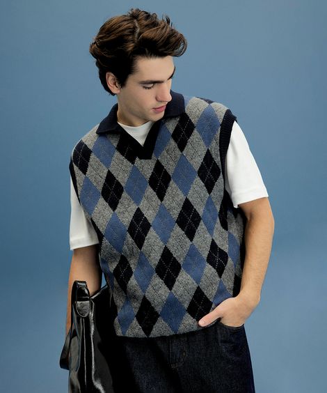 colete masculino de tricot com gola xadrez azul