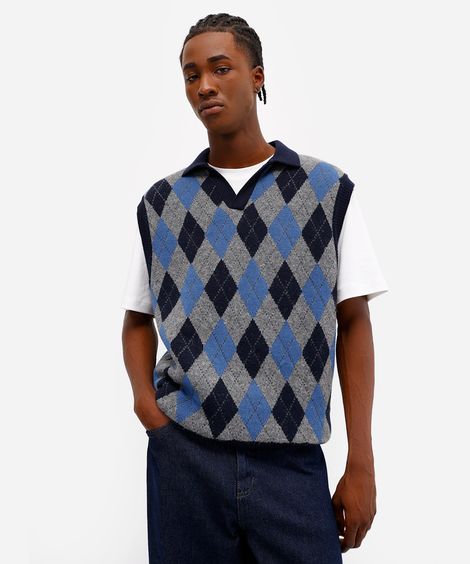 colete masculino de tricot com gola xadrez azul