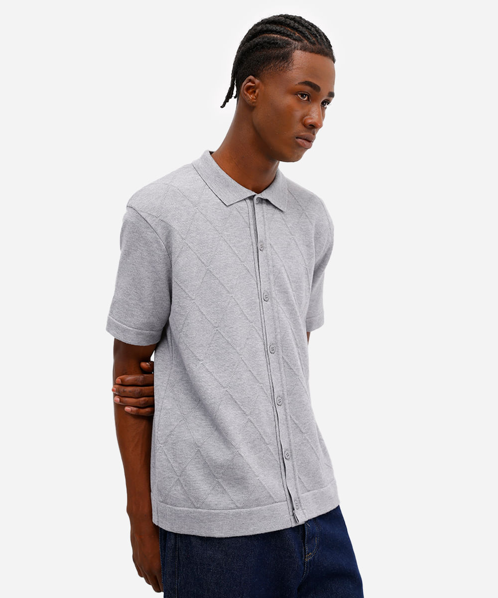 camisa manga curta comfort fit com textura cinza