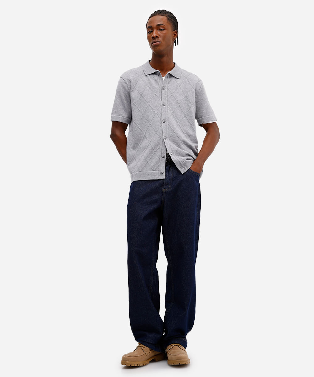 camisa manga curta comfort fit com textura cinza