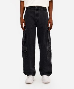 calça baggy masculina jeans com bolsos cargo preta