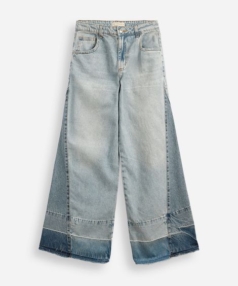 calça jeans wide leg recorte lateral azul