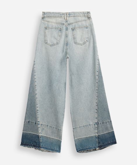 calça jeans wide leg recorte lateral azul