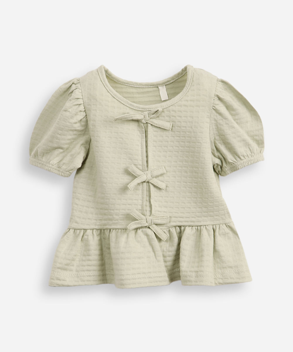 blusa de algodão infantil com lacinho texturizada verde