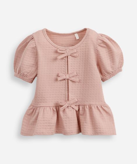 blusa de algodão infantil com lacinho texturizada rosa