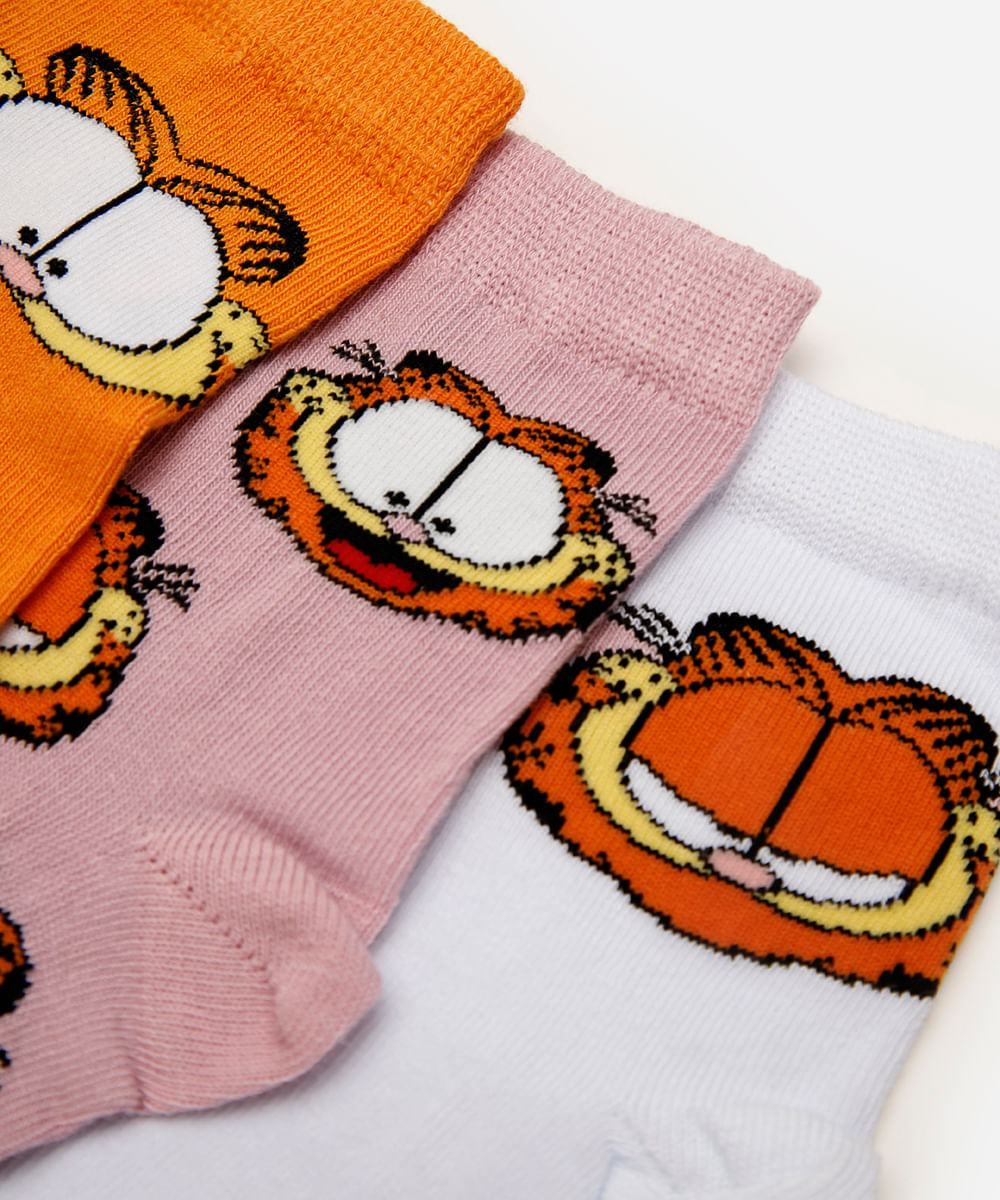 kit de 3 meias cano médio garfield colorida