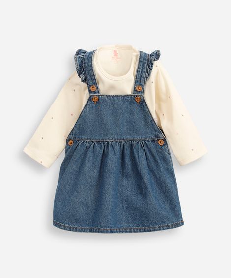 salopete infantil jeans com body corações  azul