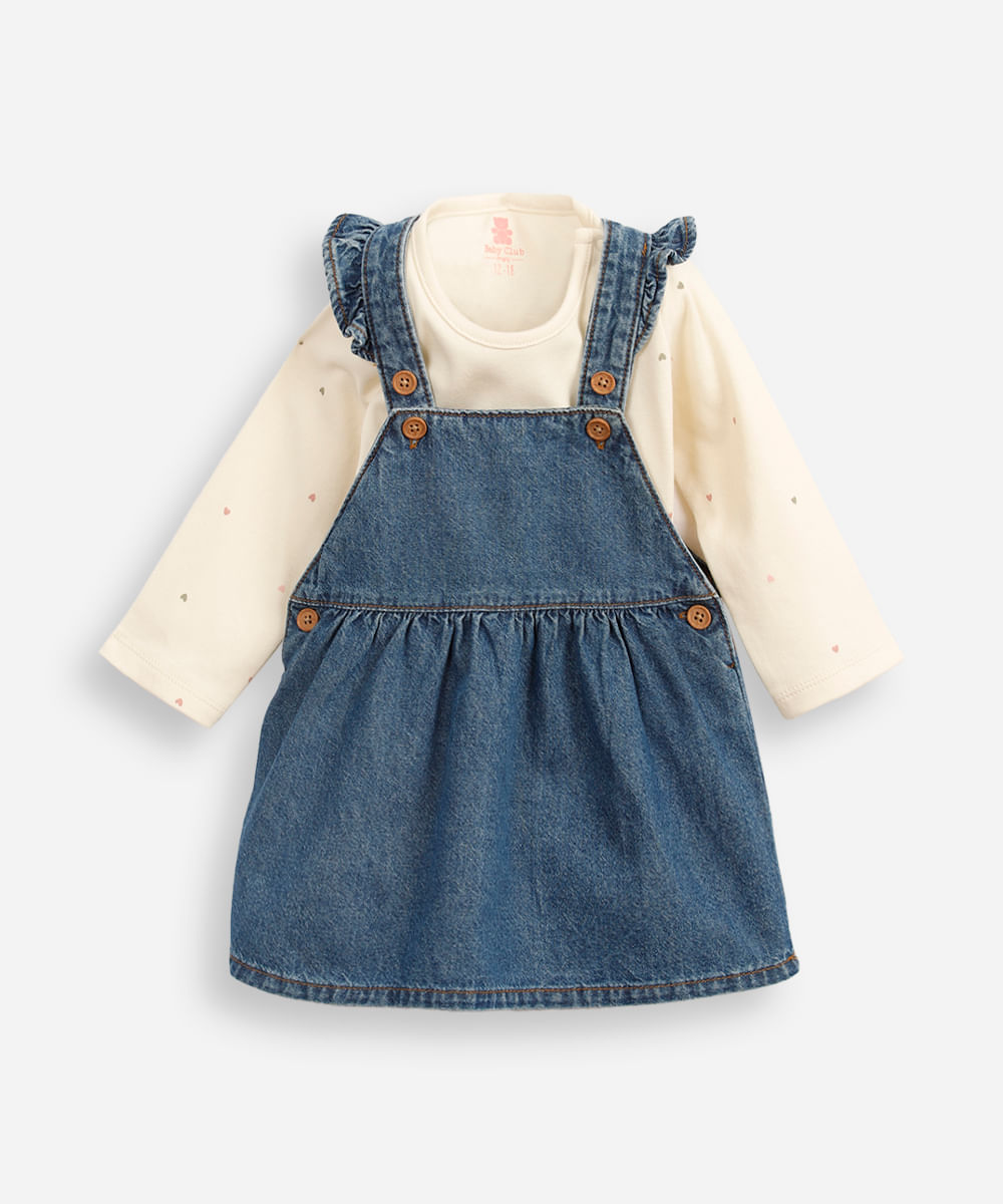 salopete infantil jeans com body corações  azul