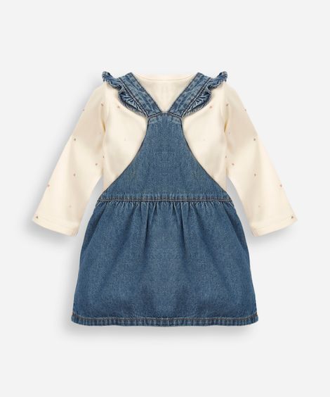 salopete infantil jeans com body corações  azul