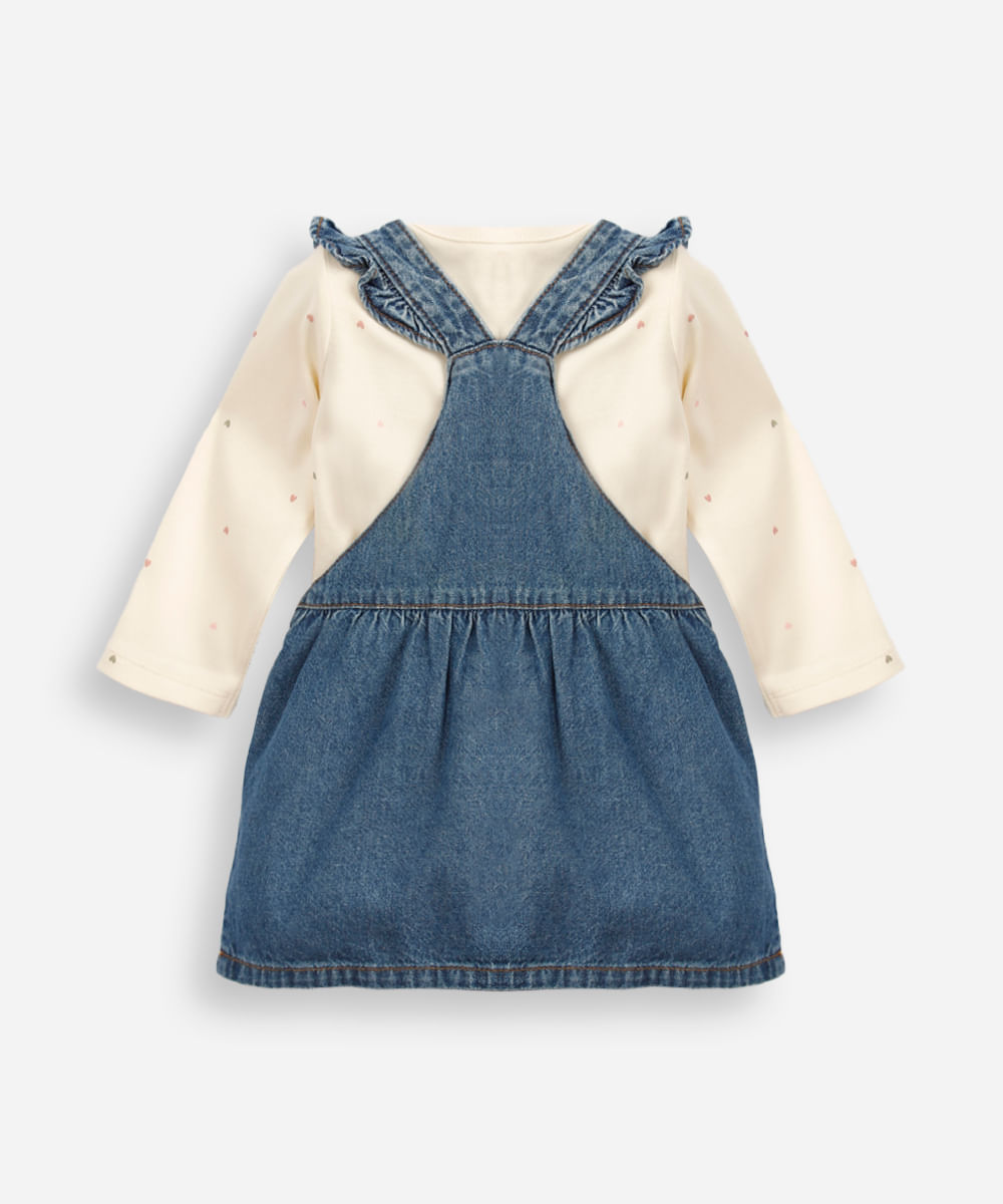 salopete infantil jeans com body corações  azul