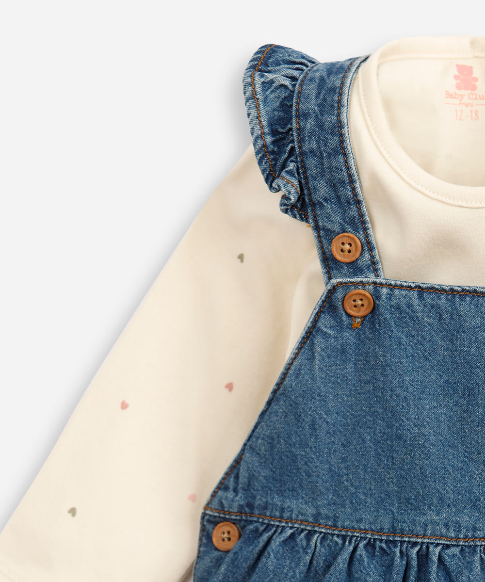 salopete infantil jeans com body corações  azul
