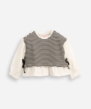 blusa infantil com sobreposição tricot listrado off white