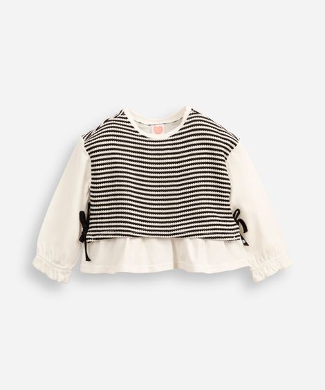 blusa infantil com sobreposição tricot listrado off white
