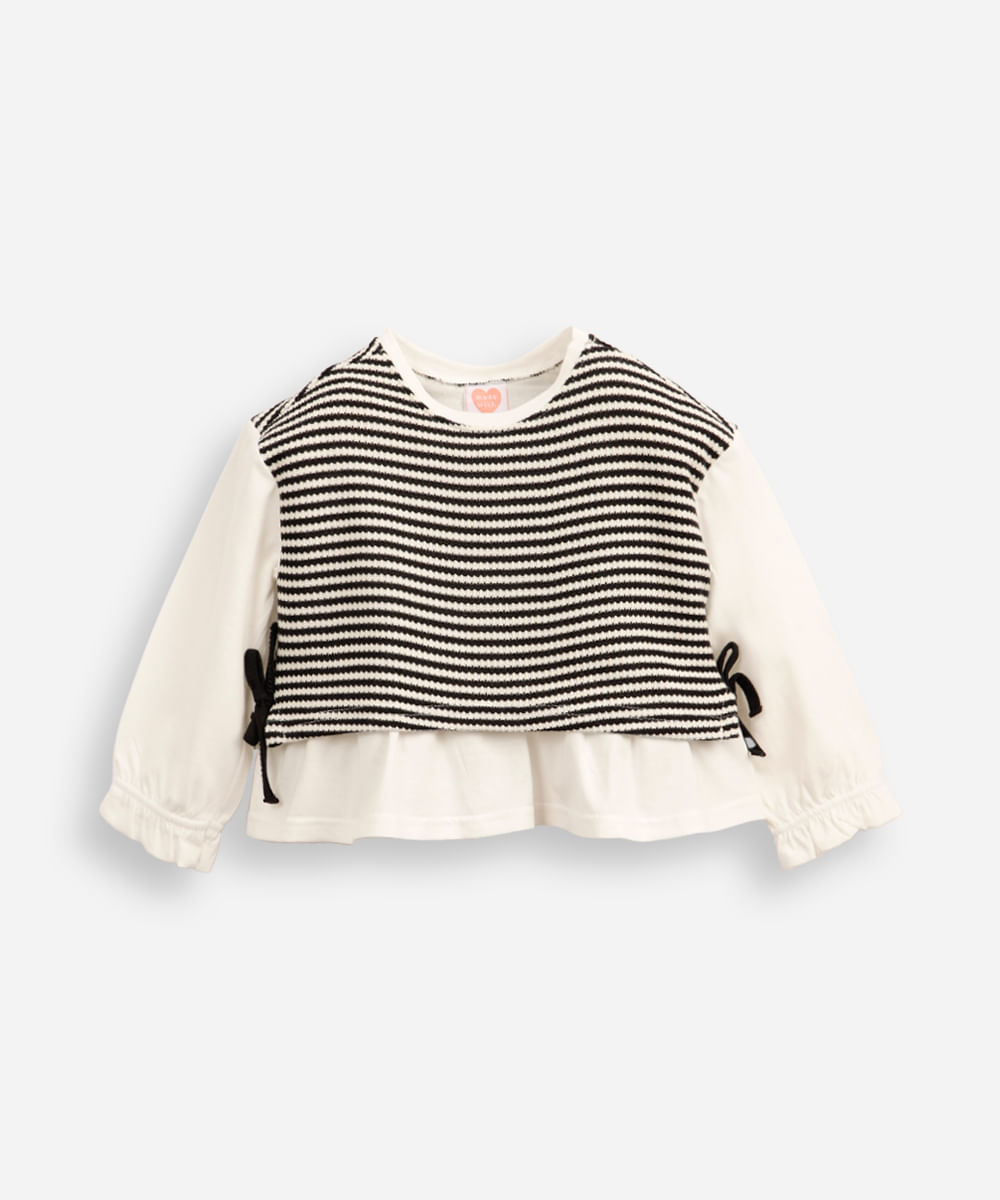 blusa infantil com sobreposição tricot listrado off white