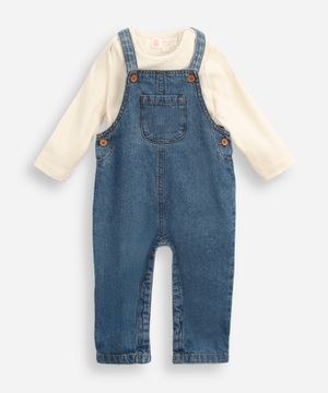 jardineira jeans infantil com blusa de manga longa azul