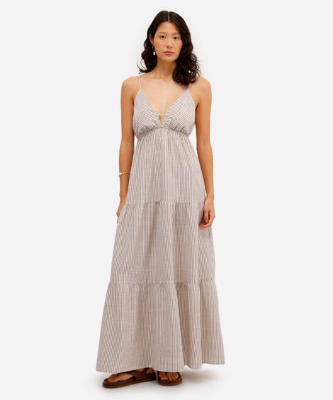 vestido longo feminino de viscose com recortes listrado colorido