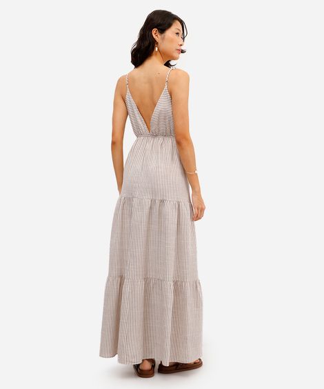 vestido longo feminino de viscose com recortes listrado colorido