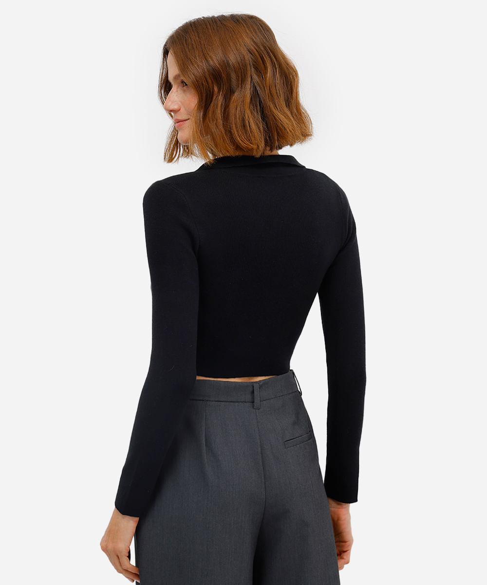 polo básica feminina de tricot manga longa preta