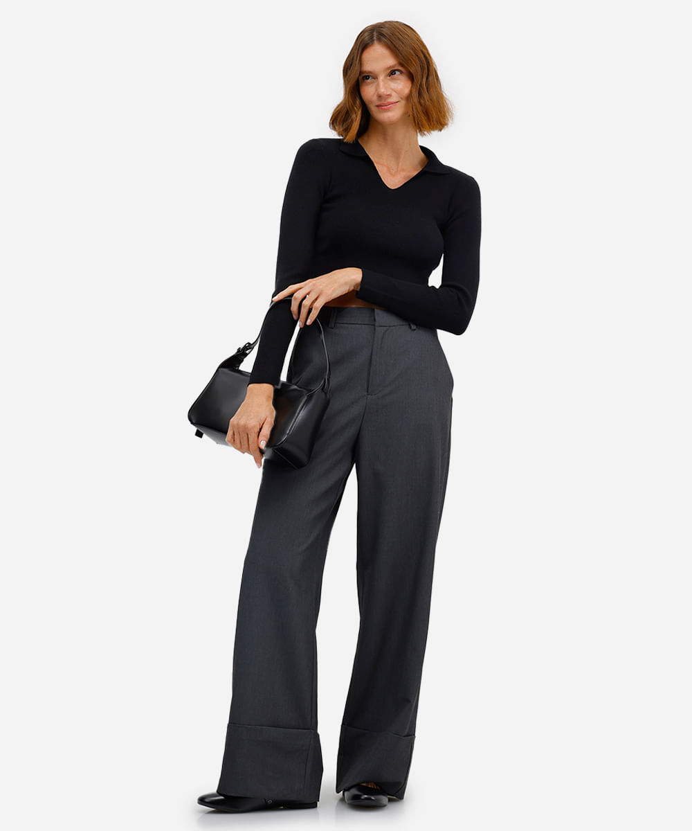 polo básica feminina de tricot manga longa preta