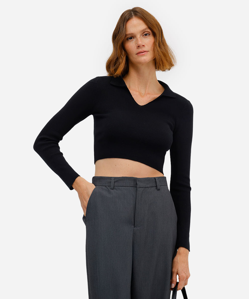 polo básica feminina de tricot manga longa preta